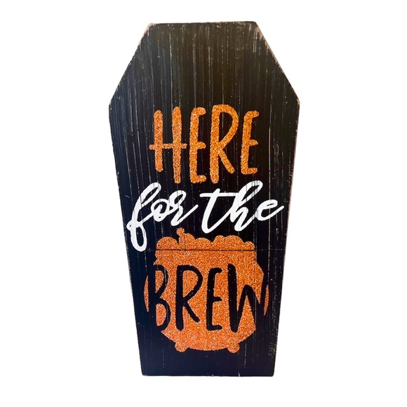 🧡 HERE FOR THE BREW Coffin Bubbling Cauldron Halloween Decor Wood Sign Wall Art - Picture 1 of 6